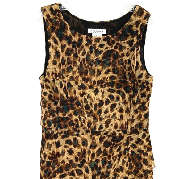 New Kay Unger Tiered Ruffle Mesh Leopard Pattern Sleeveless Dress Large - Picture 9 of 16